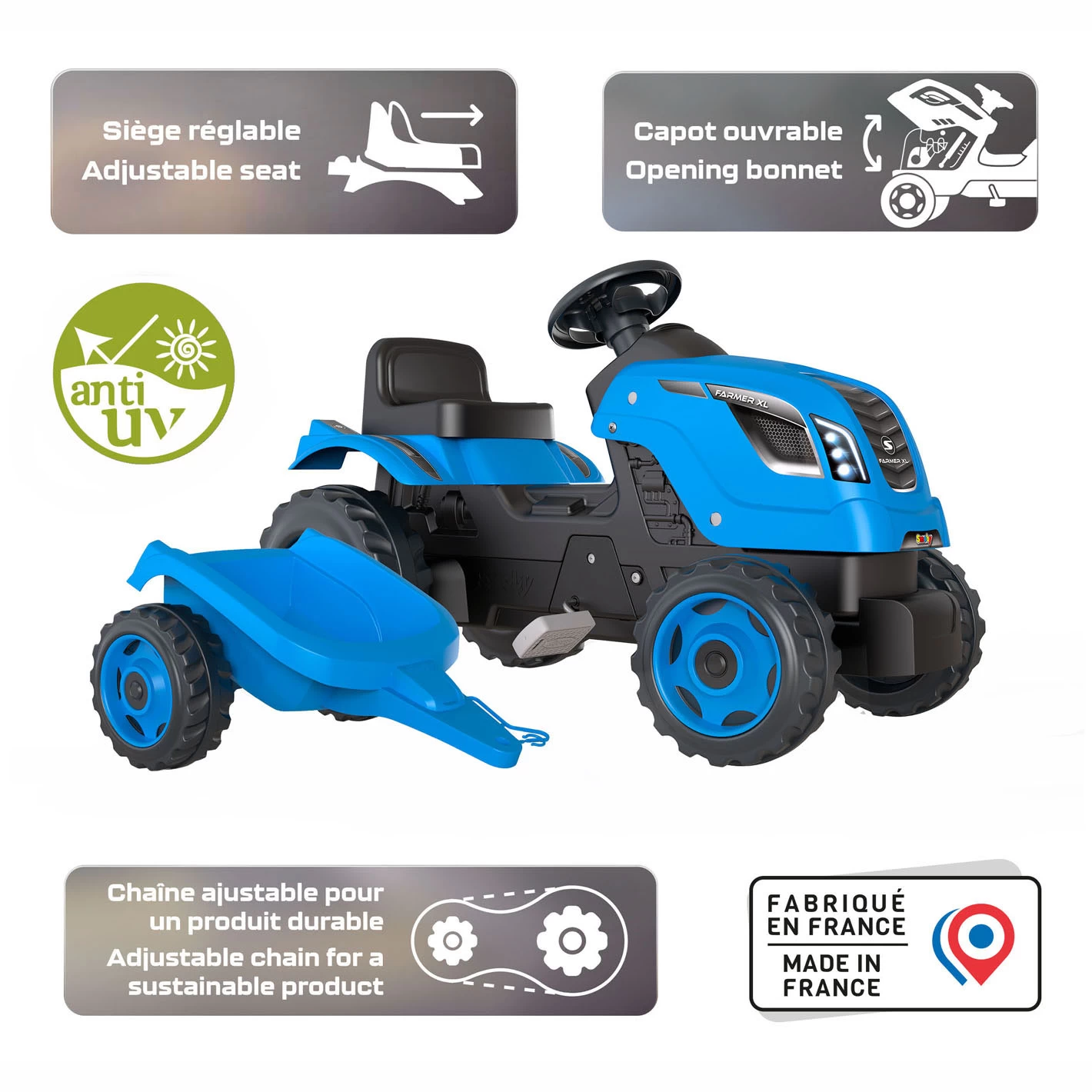 Smoby Farmer XL Traptractor Met Trailer Blauw 6 Smoby Farmer XL Traptractor Met Trailer Blauw - Afbeelding 4